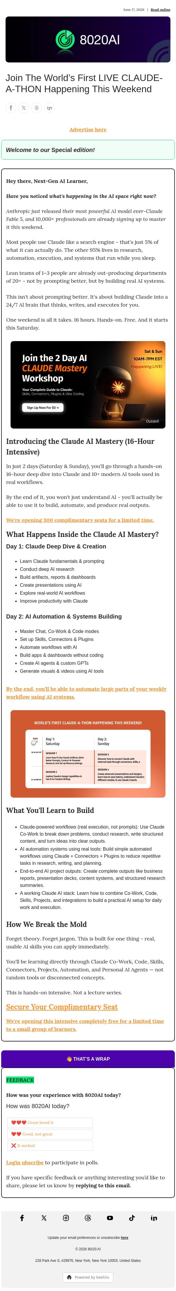 Join The World’s First LIVE CLAUDE-A-THON Happening This Weekend email from 8020 AI screenshot
