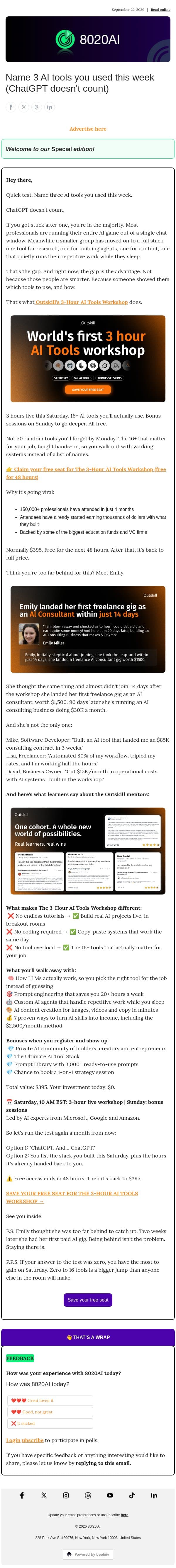 Name 3 AI tools you used this week (ChatGPT doesn't count) email from 8020 AI screenshot