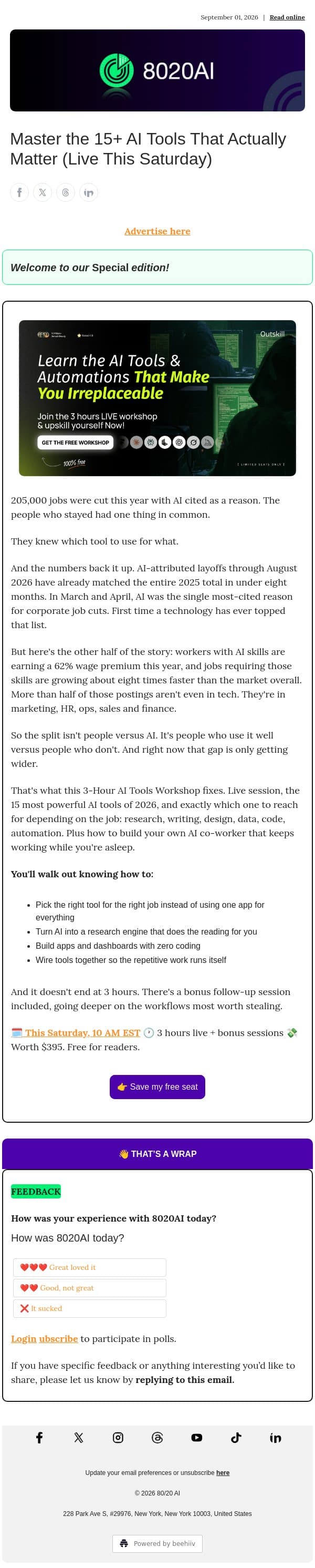 Master the 15+ AI Tools That Actually Matter (Live This Saturday) email from 8020 AI screenshot