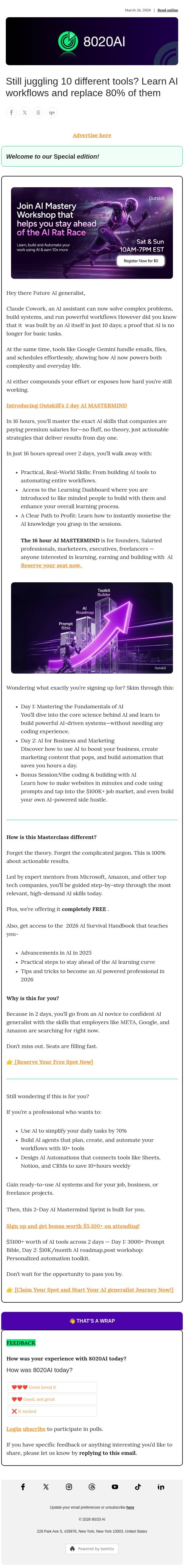 Still juggling 10 different tools? Learn AI workflows and replace 80% of them email from 8020 AI screenshot