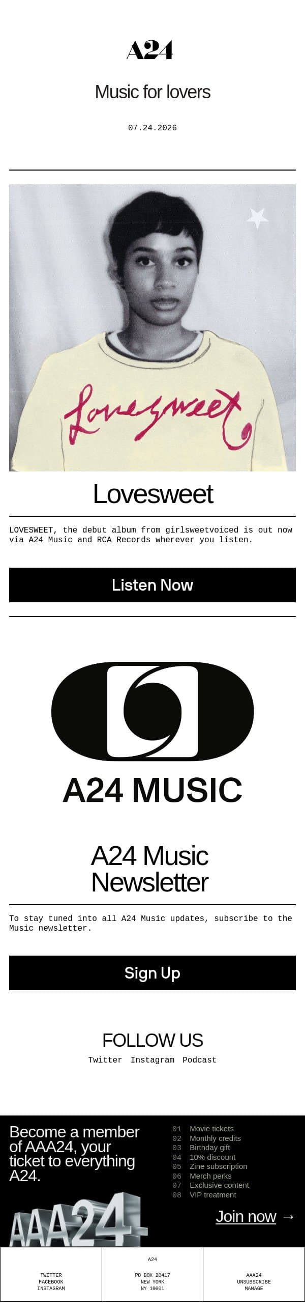 girlsweetvoiced's Lovesweet from A24 Music email from A24 screenshot