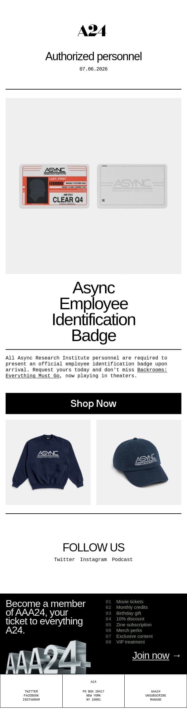 Async Research Institute Employee Identification Badge email from A24 screenshot