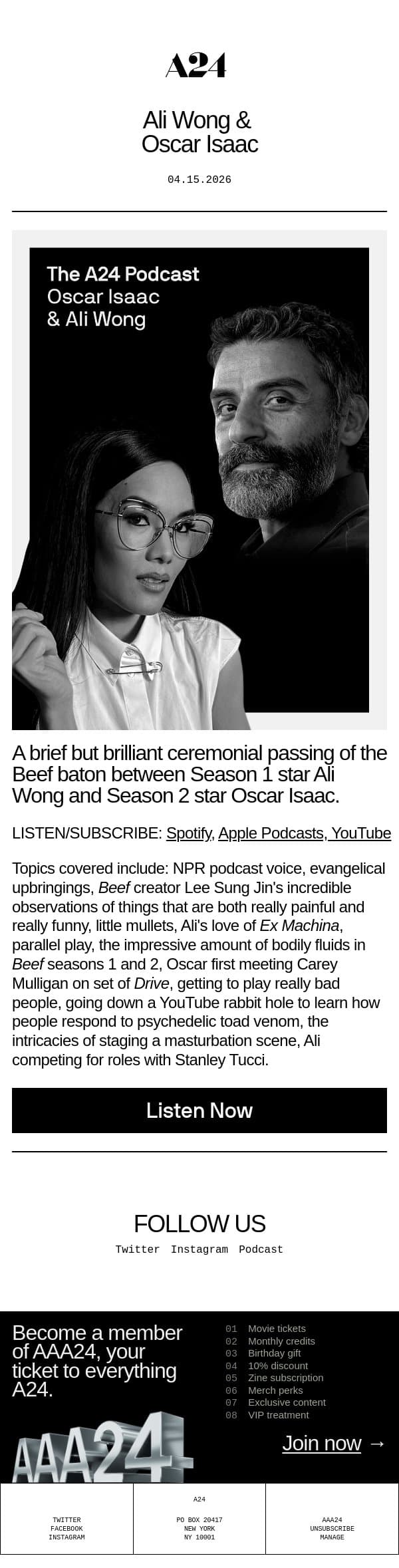 The A24 Podcast — Ali Wong & Oscar Isaac 🎙️ email from A24 screenshot