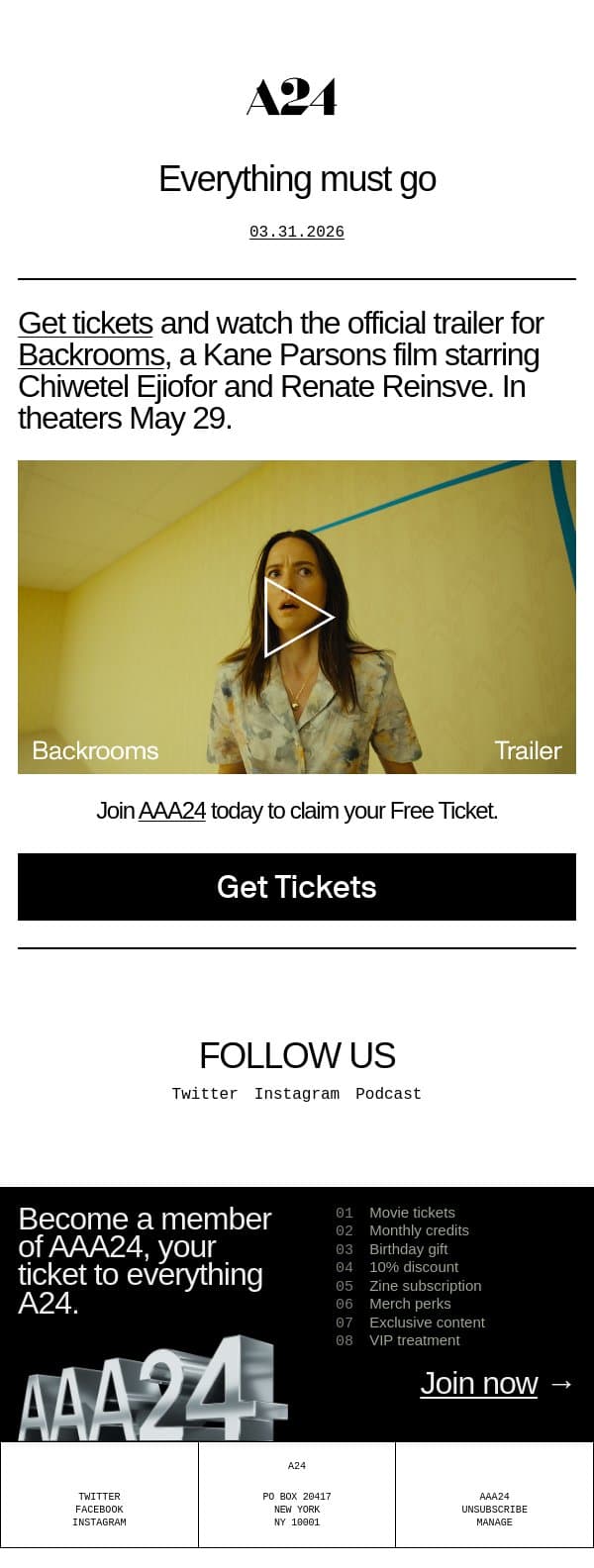 Everything must go email from A24 screenshot