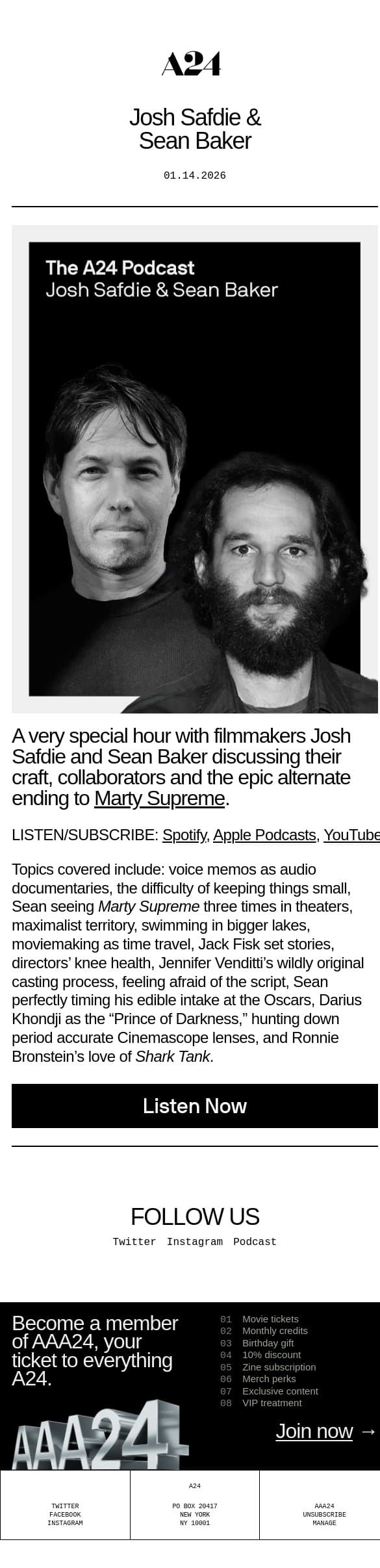 The A24 Podcast — Josh Safdie & Sean Baker🎙️ email from A24 screenshot