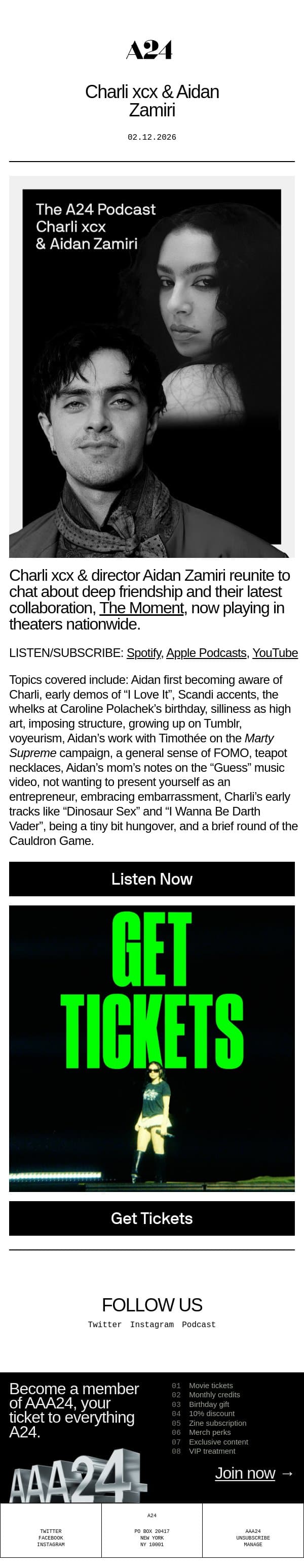 The A24 Podcast — Charli xcx & Aidan Zamiri 🎙️ email from A24 screenshot