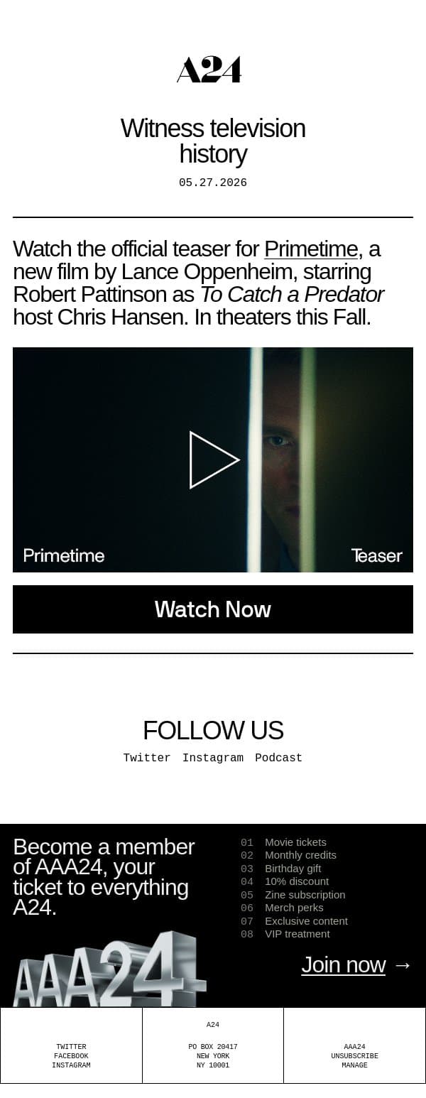 Witness television history email from A24 screenshot
