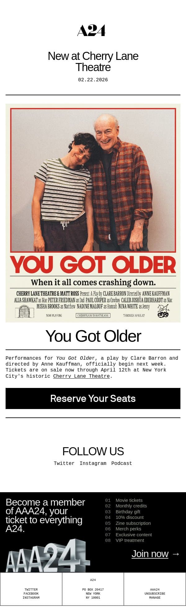 New at Cherry Lane Theatre email from A24 screenshot