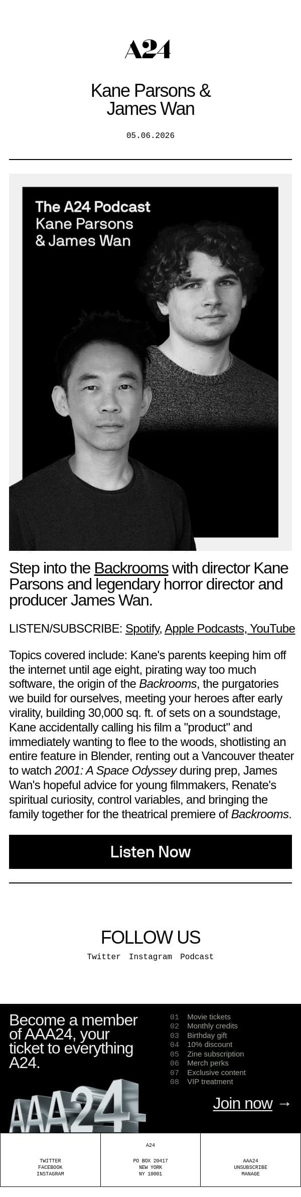 The A24 Podcast — Kane Parsons & James Wan 🎙️ email from A24 screenshot
