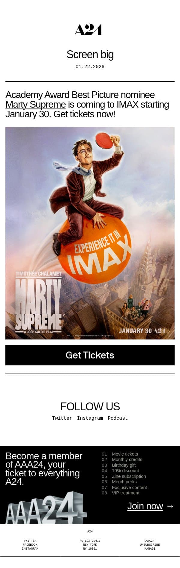 Marty Supreme in IMAX email from A24 screenshot