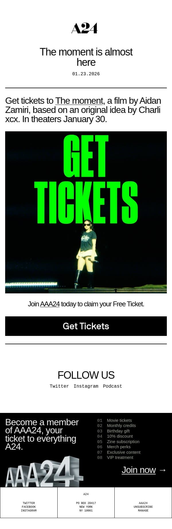 The moment is almost here email from A24 screenshot