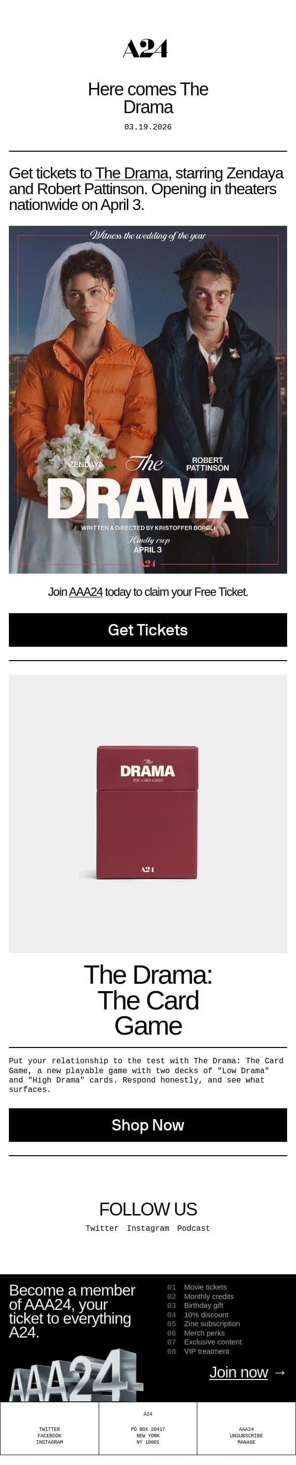 Here comes The Drama email from A24 screenshot