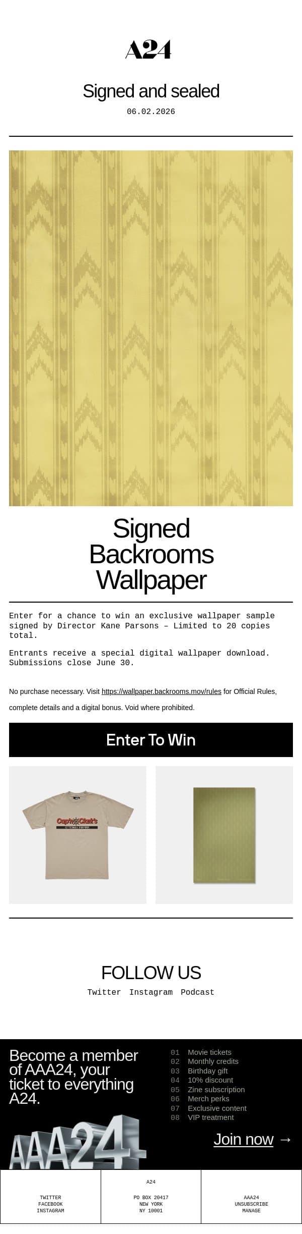 Win Signed Backrooms Wallpaper email from A24 screenshot