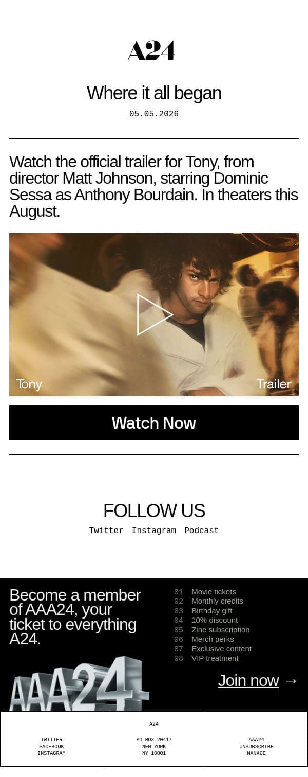 Where it all began email from A24 screenshot