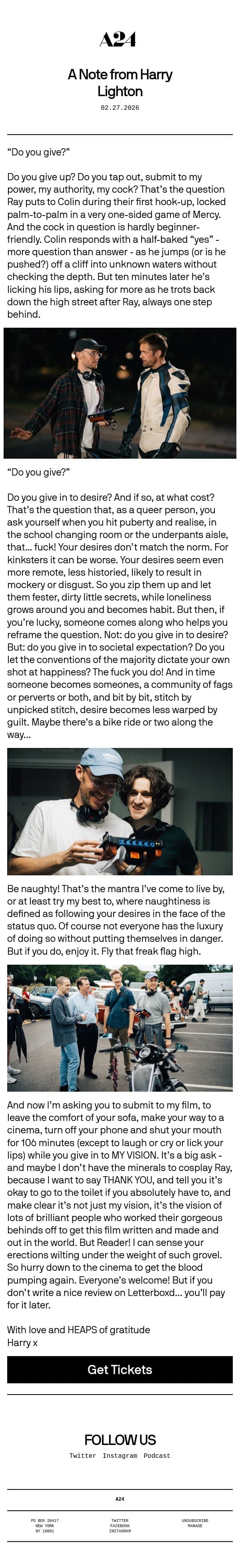 Give In To Desire: A Note from Harry Lighton email from A24 screenshot