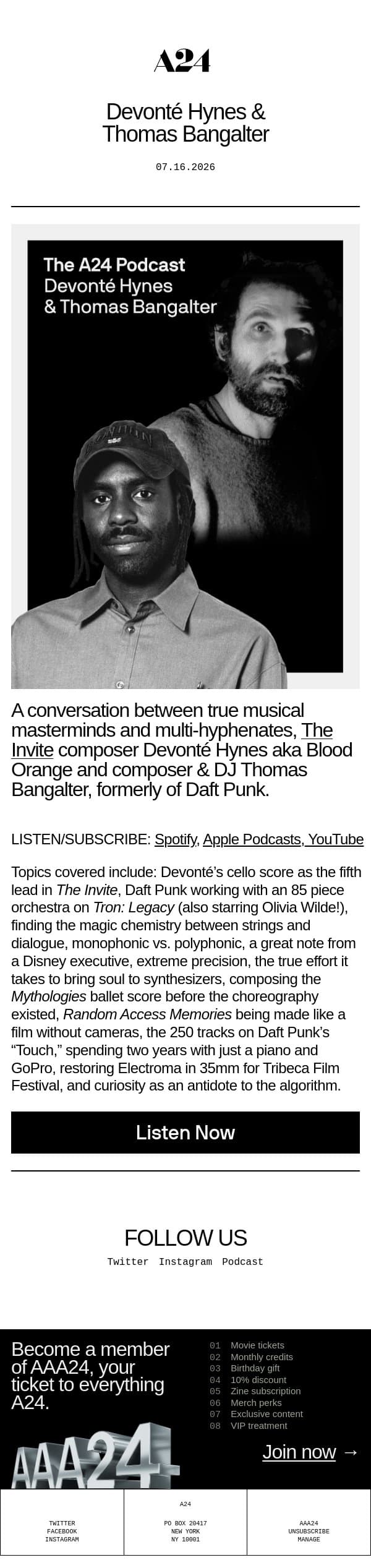 The A24 Podcast — Devonté Hynes & Thomas Bangalter 🎙️ email from A24 screenshot