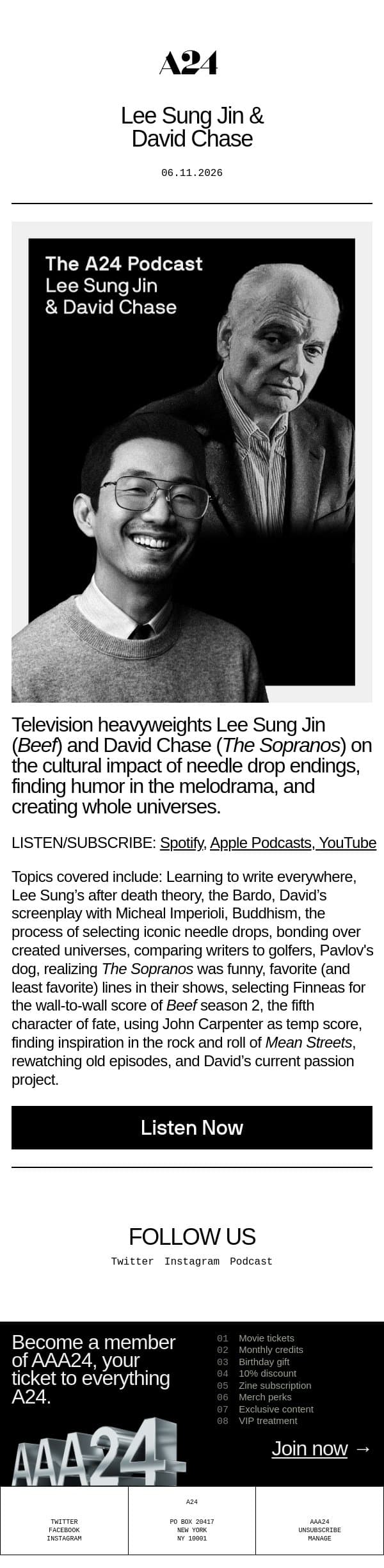 The A24 Podcast — Lee Sung Jin & David Chase 🎙️ email from A24 screenshot