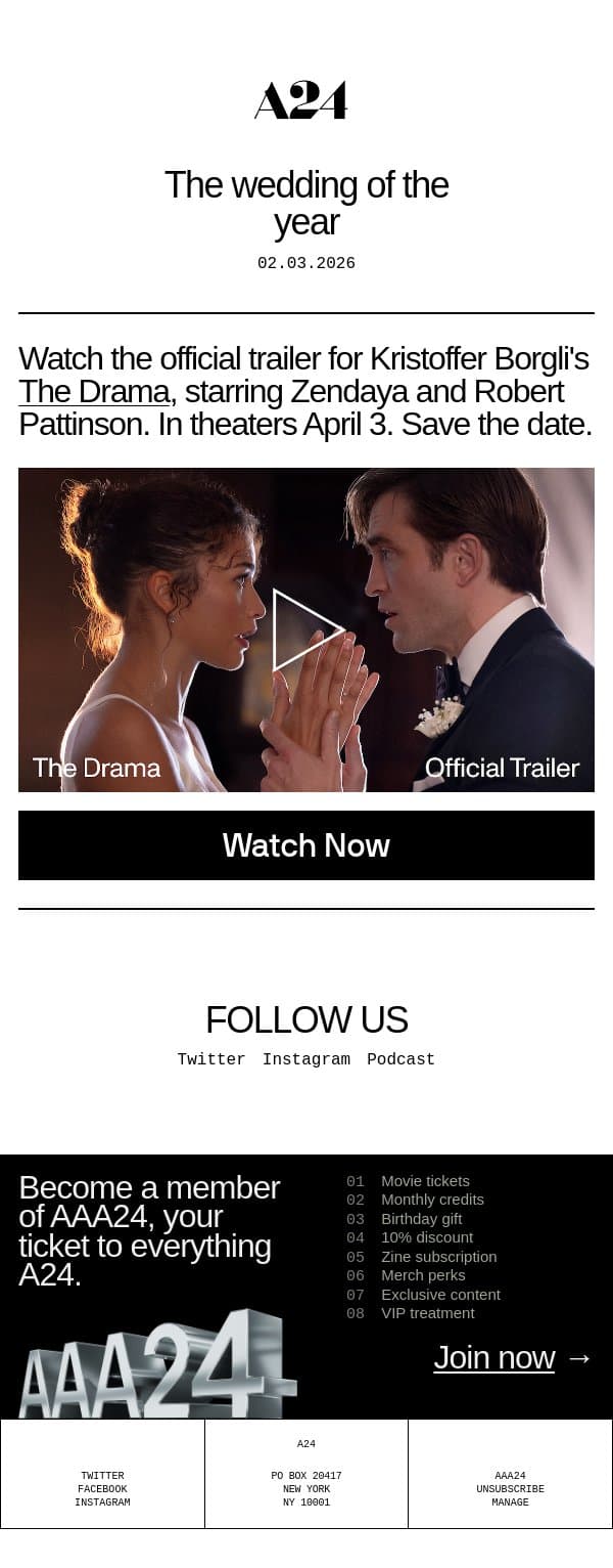 The wedding of the year email from A24 screenshot