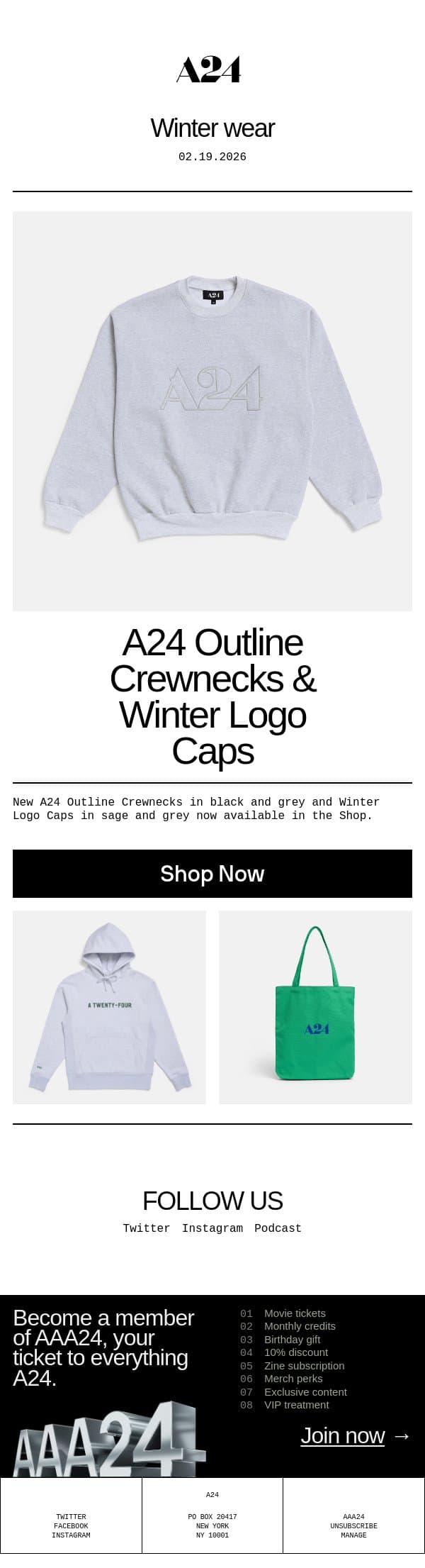 Winter wear email from A24 screenshot
