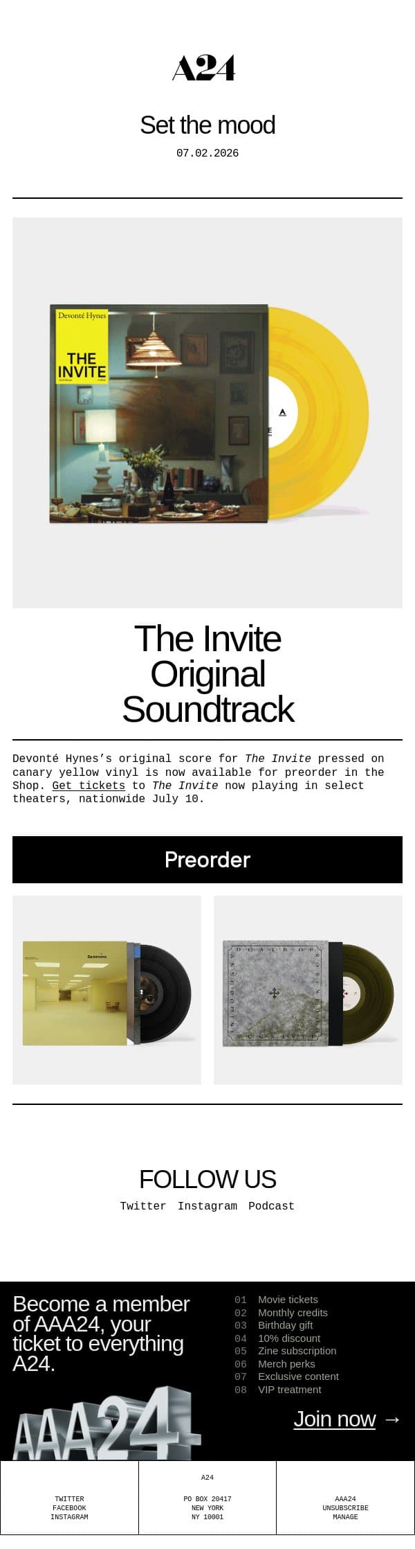 Set the mood email from A24 screenshot