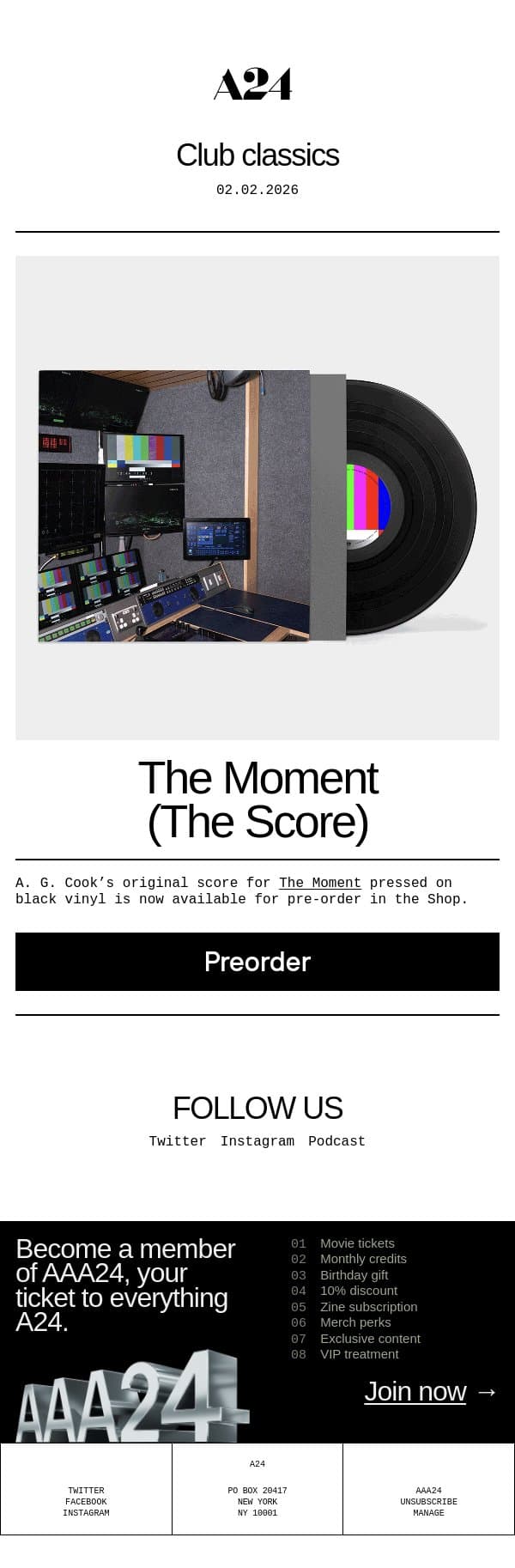 Club classics email from A24 screenshot