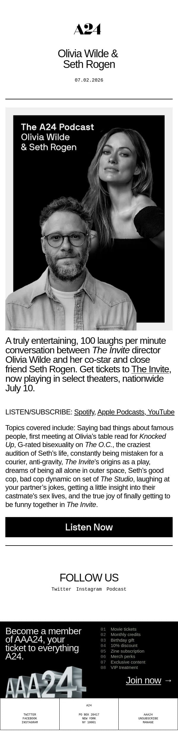 The A24 Podcast — Olivia Wilde & Seth Rogen 🎙️ email from A24 screenshot