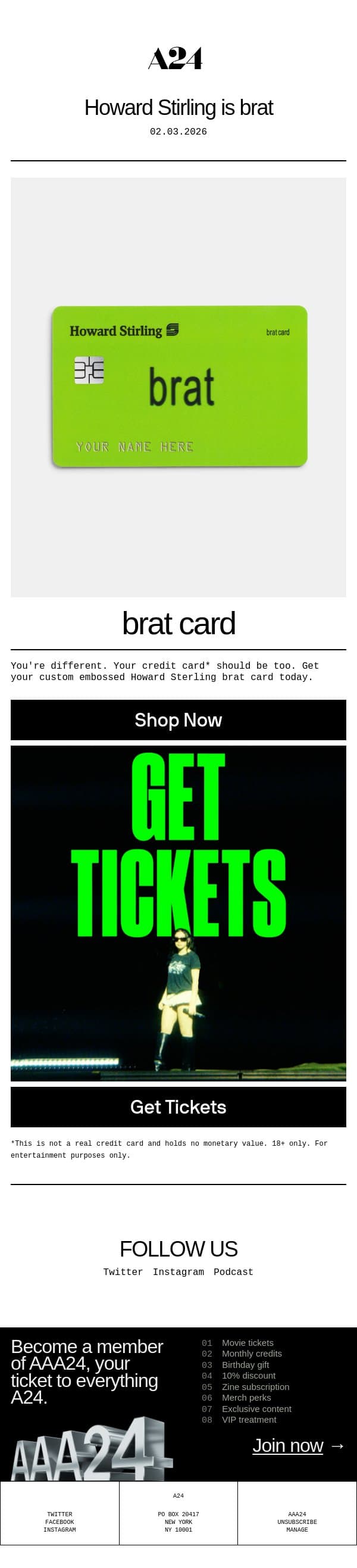 Howard Stirling is brat email from A24 screenshot