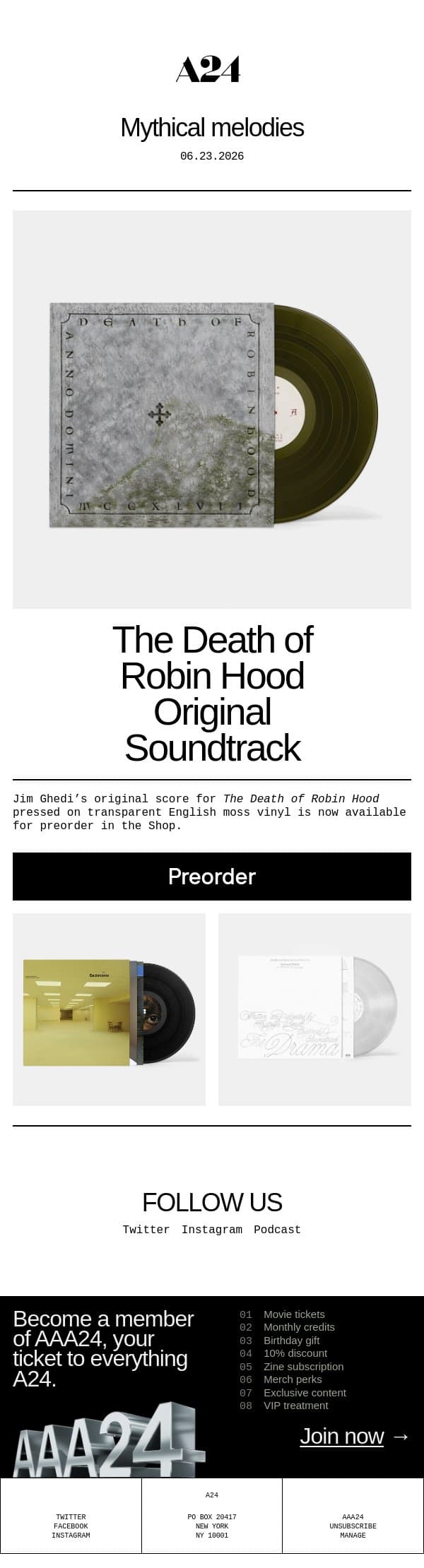 Mythical melodies email from A24 screenshot