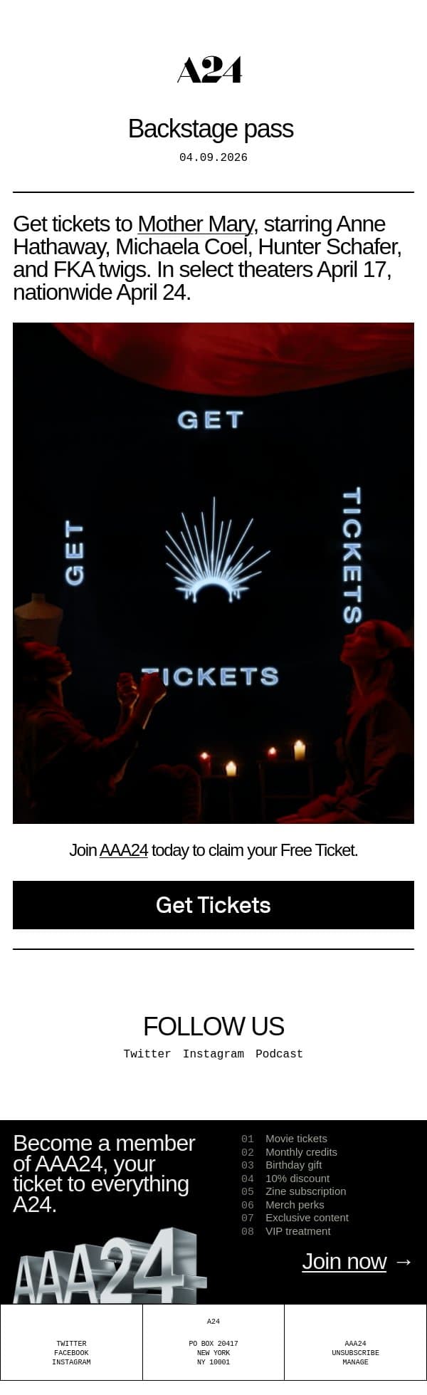 Backstage pass email from A24 screenshot