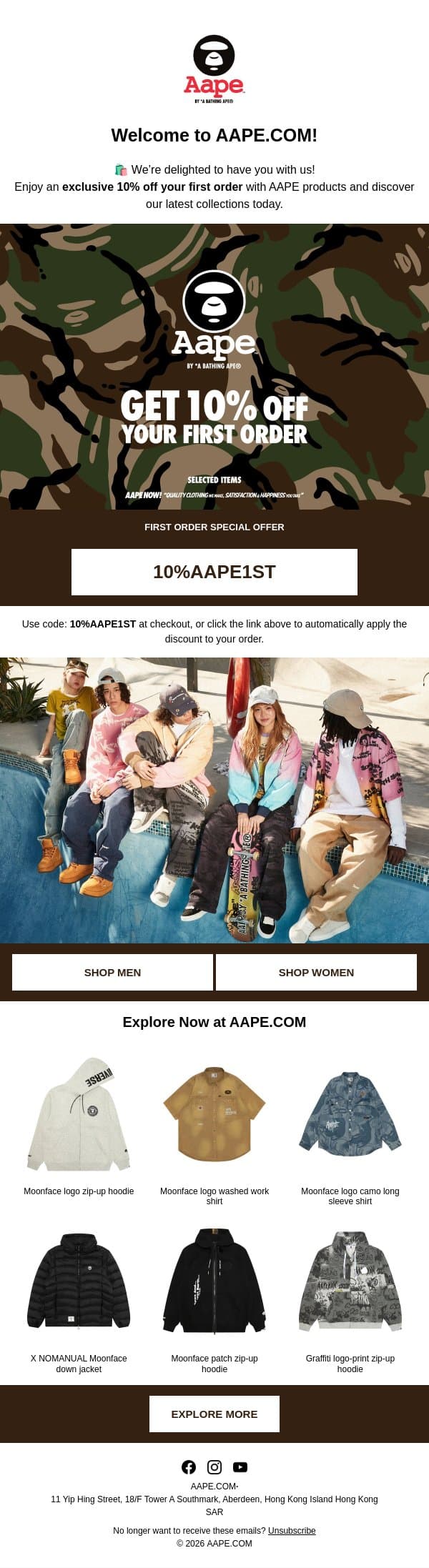 ✨ Welcome to AAPE.COM! email from Aape screenshot
