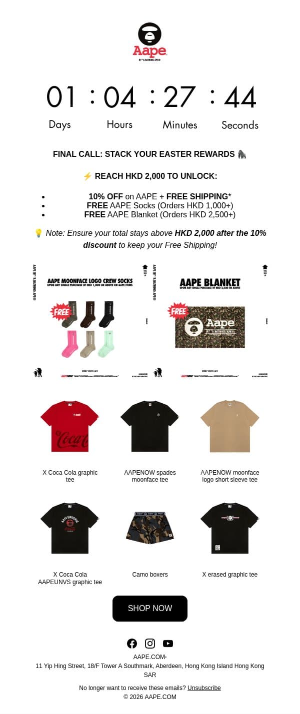 ⌛ FINAL CALL: Easter 10% OFF ends tomorrow at 23:59HKT! email from Aape screenshot