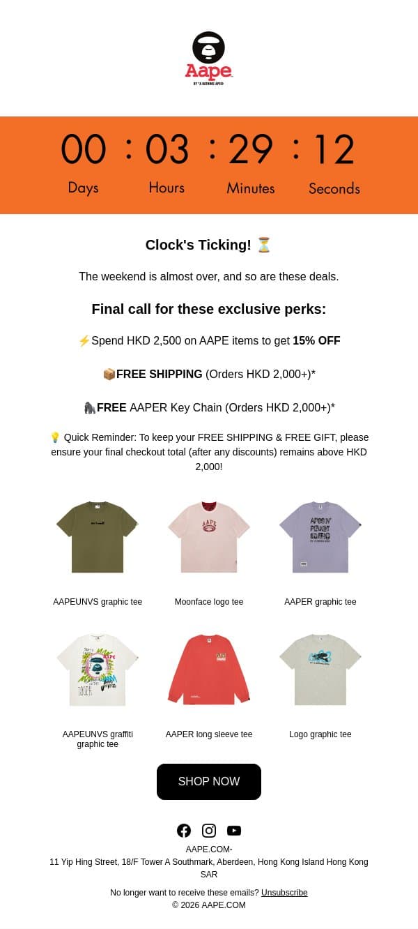 🚨 FINAL HOURS: 15%OFF ends at midnight! email from Aape screenshot
