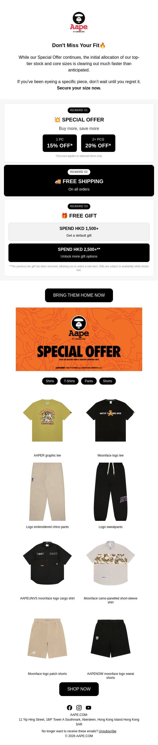 Don't let your size sell out this weekend. email from Aape screenshot