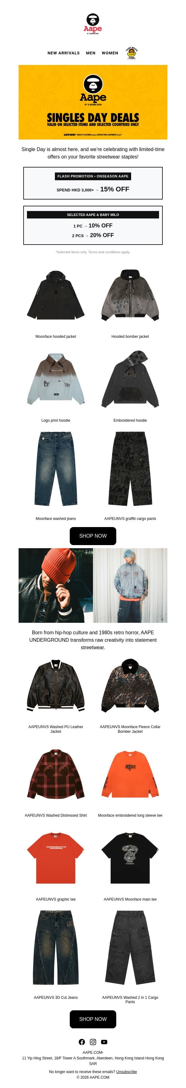 2. (22/10 Promo)💥 Singles' Day Deals Are LIVE | Up to 20% OFF email from Aape screenshot