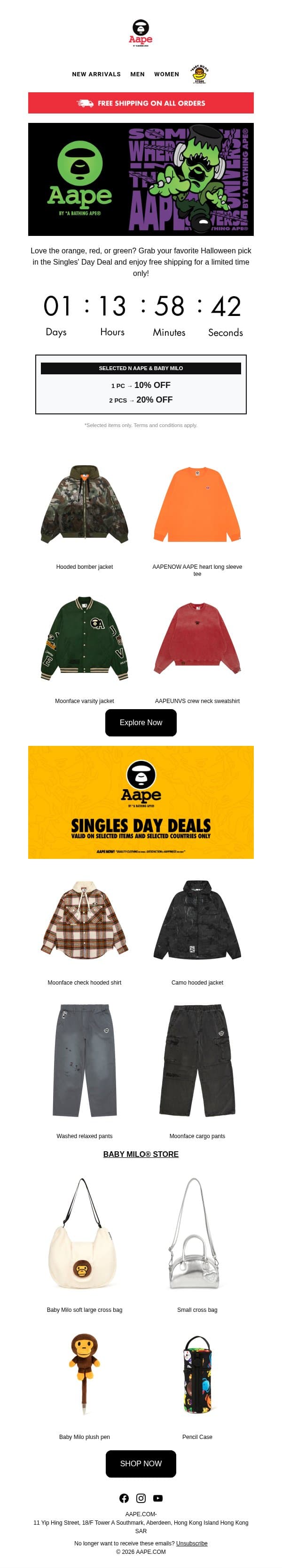 🛒Grab your favorite Halloween pick in the Singles' Day Deal and enjoy free shipping email from Aape screenshot