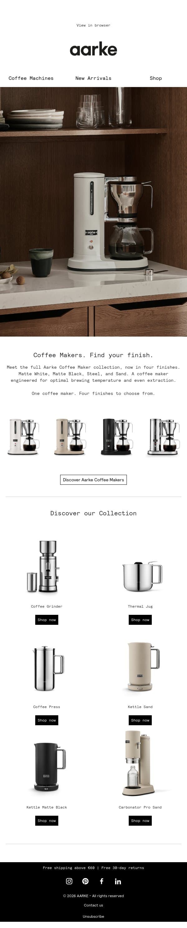One maker. Four finishes. email from Aarke screenshot