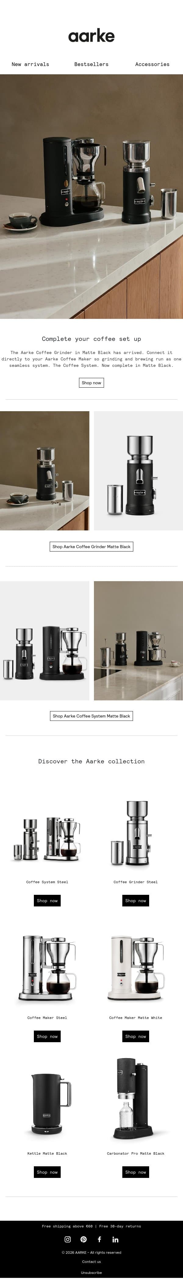 The Coffee Grinder in Matte Black is here. email from Aarke screenshot