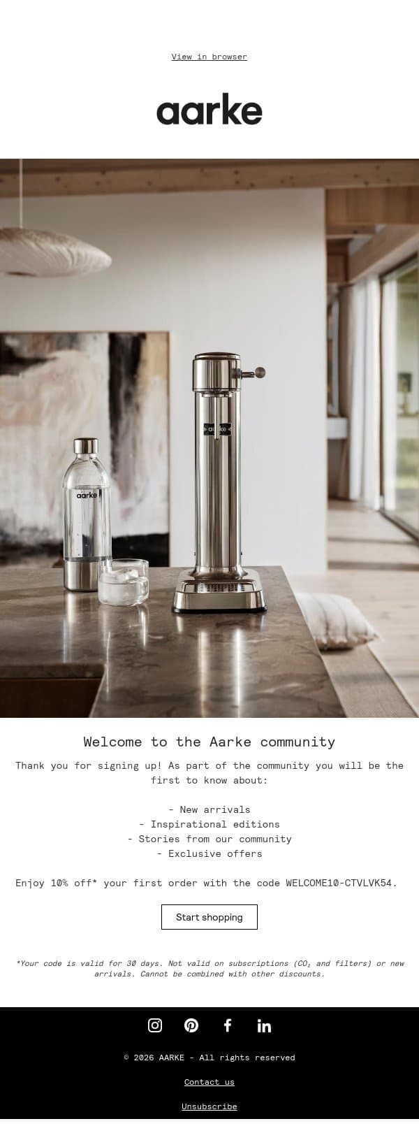 Welcome to Aarke email from Aarke screenshot