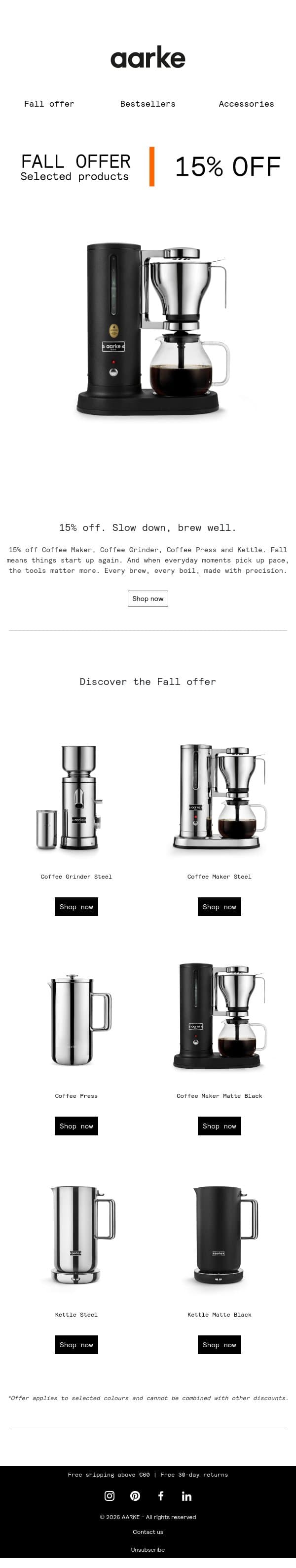 Still thinking? Enjoy 15% off. email from Aarke screenshot