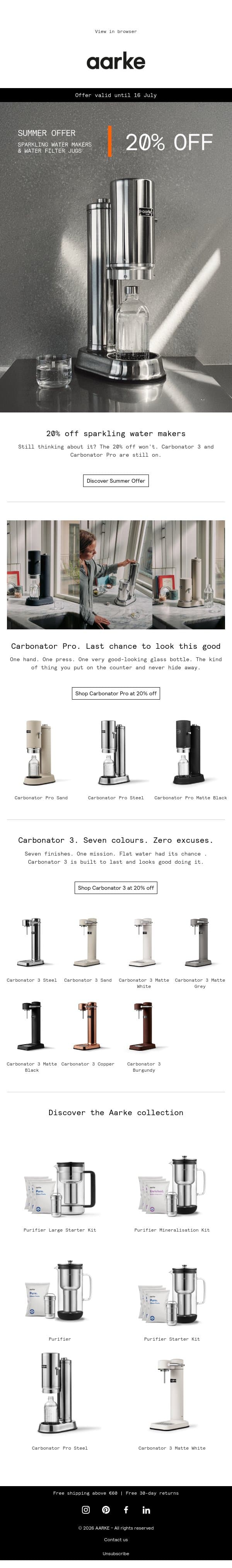 Summer deals on sparkling water makers email from Aarke screenshot