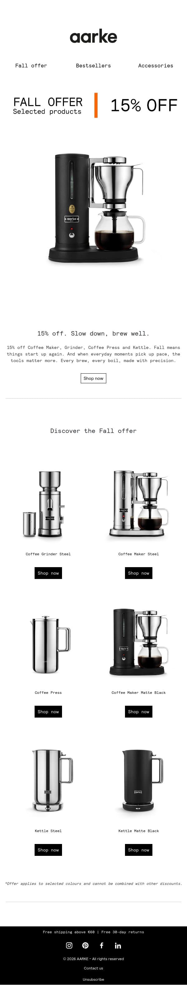 15% off. Slow down, brew well. email from Aarke screenshot