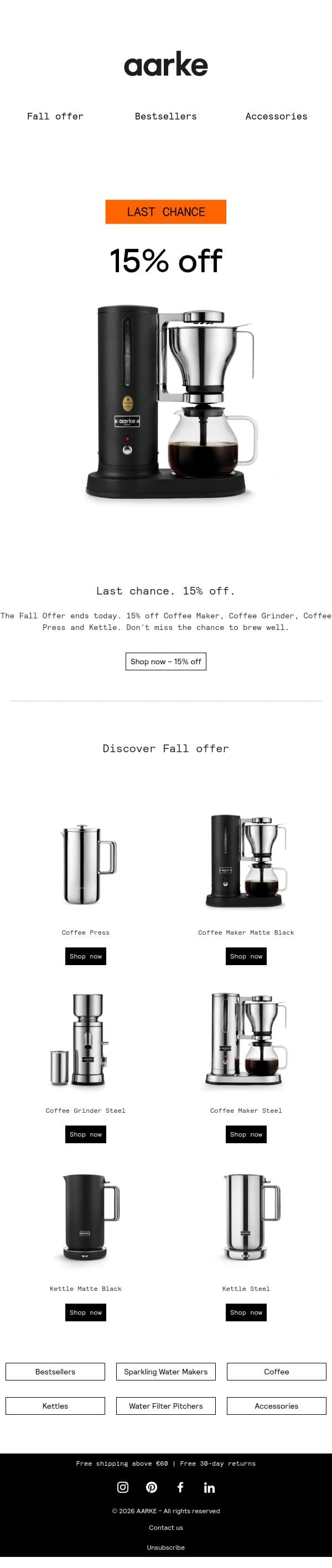 Last chance. 15% off. email from Aarke screenshot