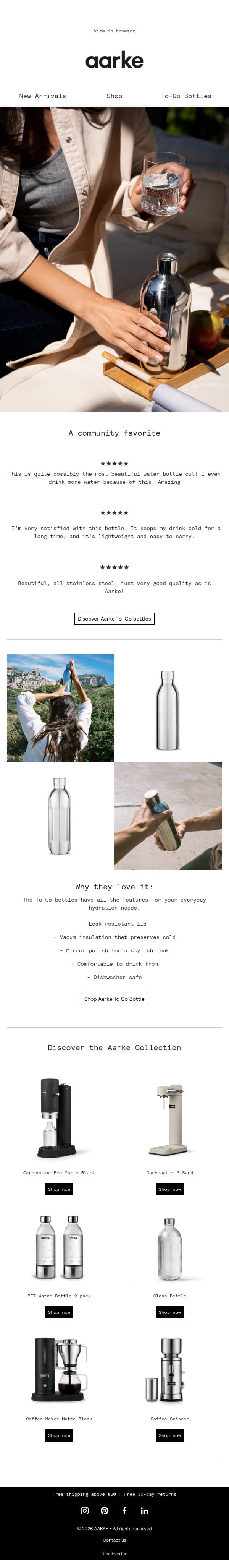 "The worlds chicest reusable water bottle" email from Aarke screenshot