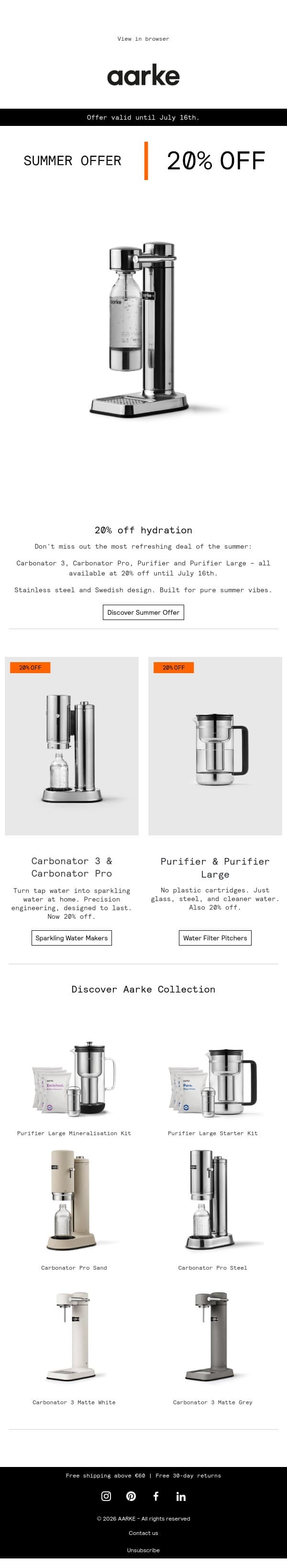 Hydration for hot days at 20% off. email from Aarke screenshot