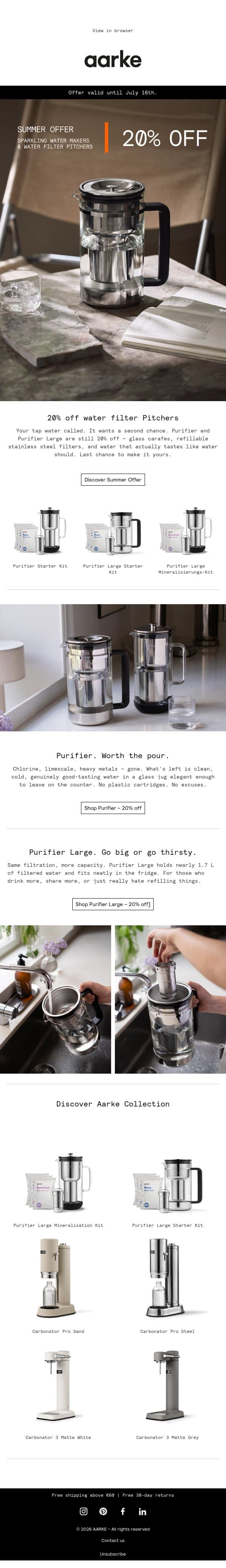 Pure summer vibes: Purifier 20% off email from Aarke screenshot