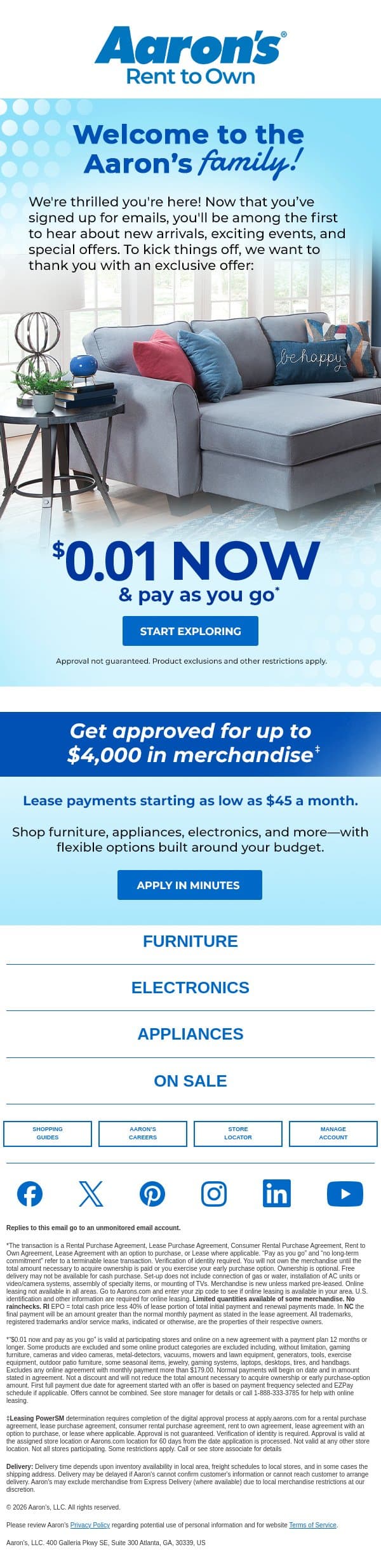 Welcome to the Aaron's family! email from Aaron's screenshot