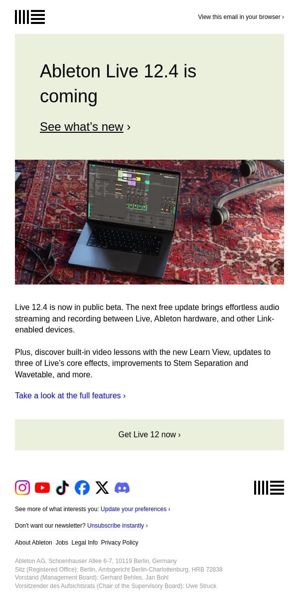 Live 12.4 is coming – with three updated effects email from Ableton screenshot