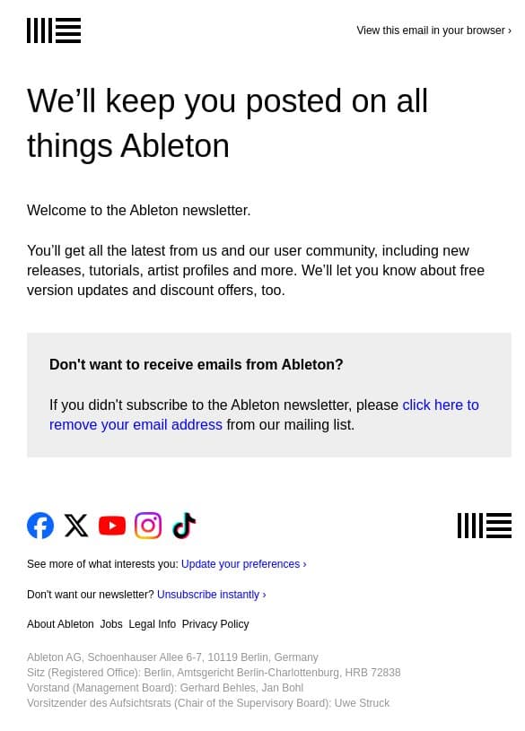 Thanks for subscribing to the Ableton newsletter email from Ableton screenshot