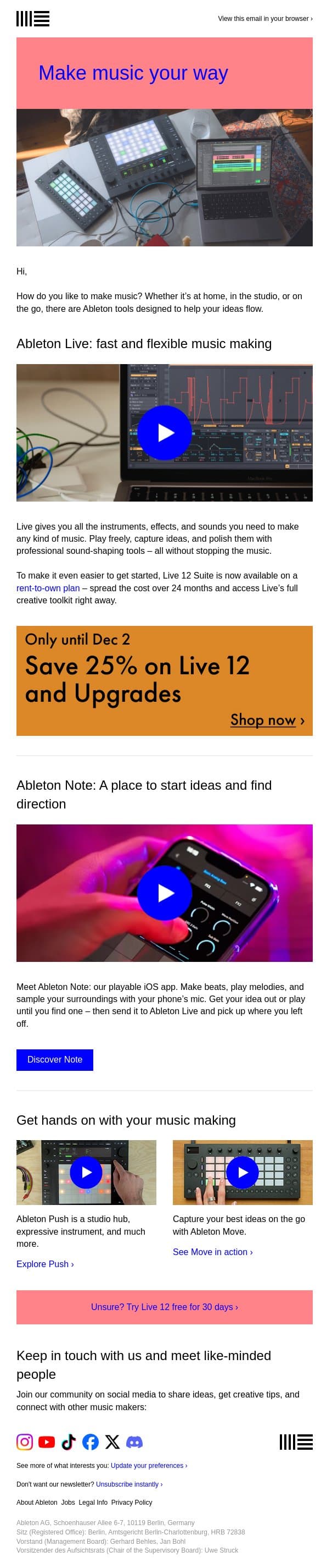 What’s your way of making music? email from Ableton screenshot