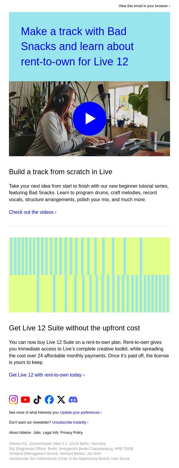 Learn how to build a track from scratch in Live 12 email from Ableton screenshot